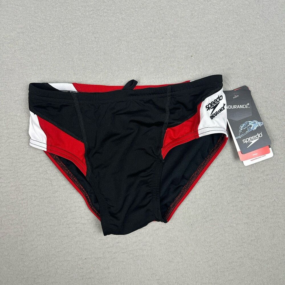 NEW Speedo Endurance+ Swim Briefs Men 28 Black Red Competition Training Team $44